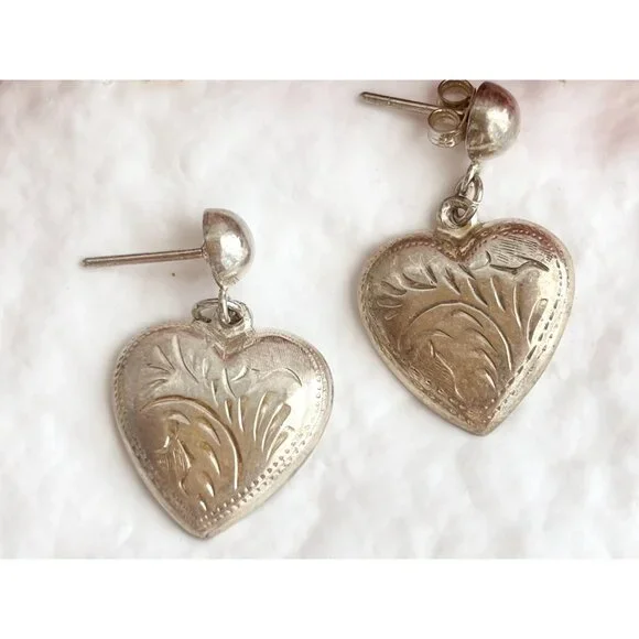 Heart Shaped Hand Carved Vintage Sterling Silver 925 Dangling Earrings - Picture 6 of 12